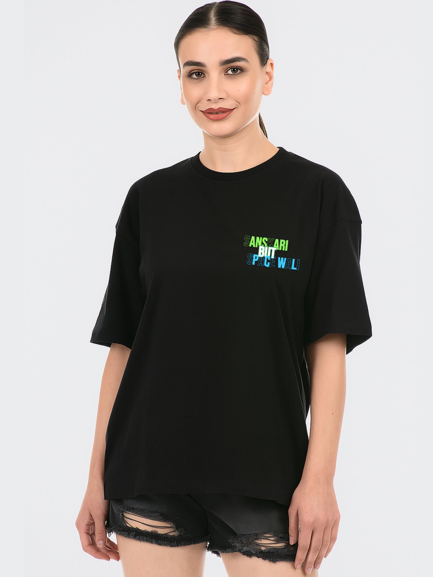 Sanskari but Space wali Oversize Black Colour tees